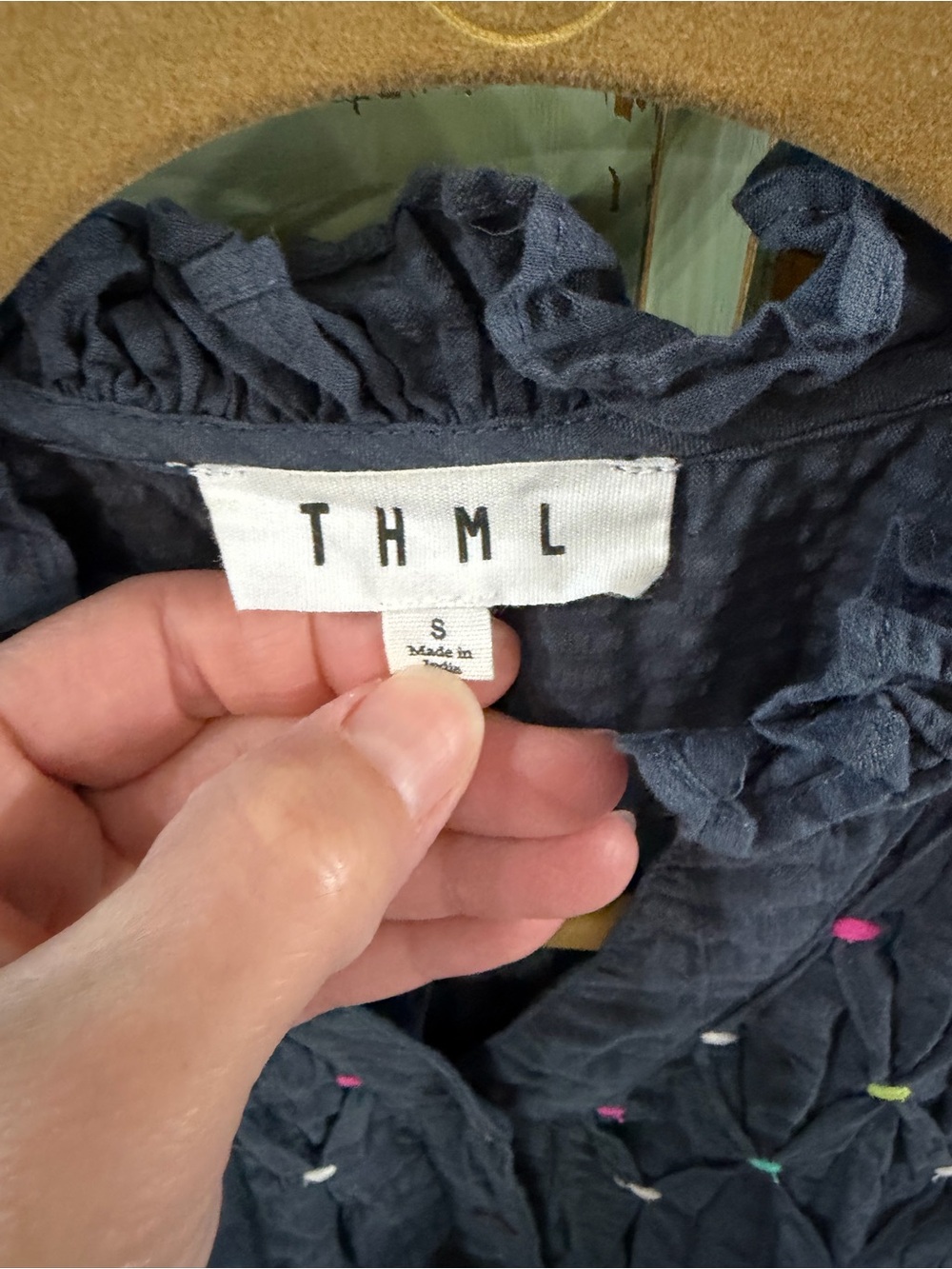 THML Navy Blue Embroidered Ruffle Sleeve Button-Down Top - Picture 2 of 6